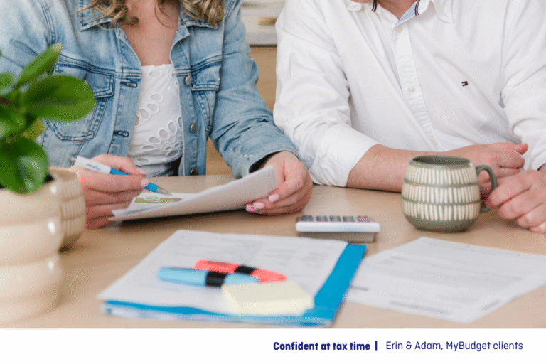 Close up image of MyBudget clients, Erin & Adam feeling confident and prepared at tax time