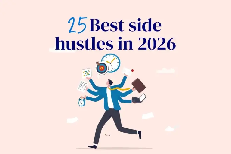 Illustration of a busy professional juggling multiple tasks, representing 25 of the best side hustles in Australia for earning extra income in 2026.