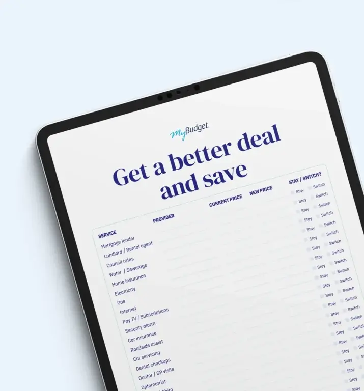 MyBudget Get a Better Deal Checklist shown on a tablet, helping Australians compare bills and find better deals to save money.