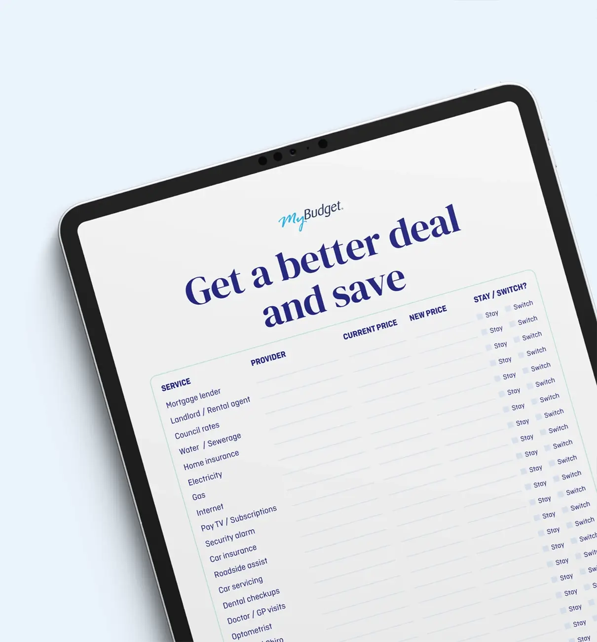 MyBudget Get a Better Deal Checklist shown on a tablet, helping Australians compare bills and find better deals to save money.