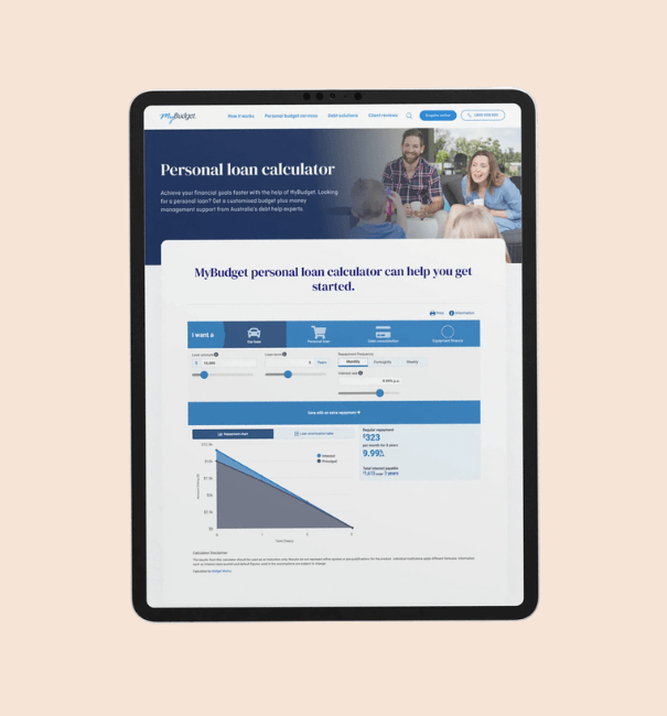 Tablet device showing the MyBudget Personal Loan Calculator webpage, featuring loan type options like car loans and debt consolidation, along with a repayment projection graph.